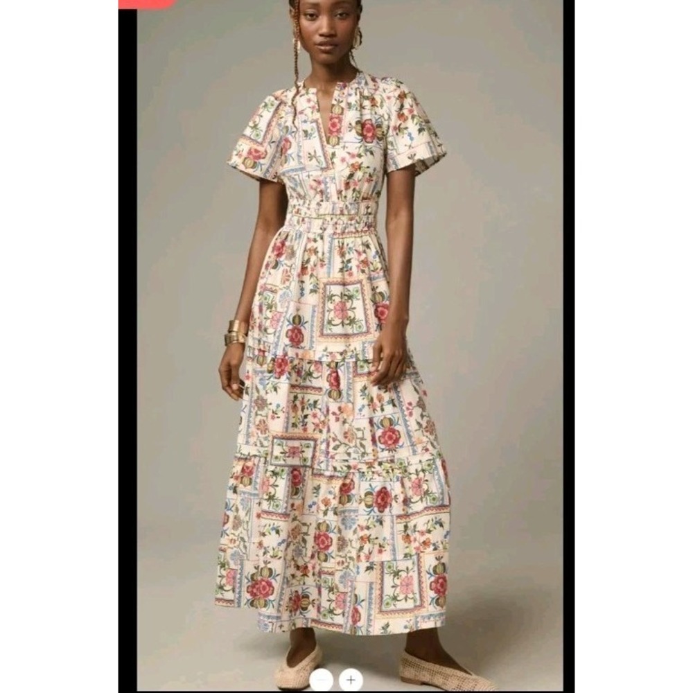 NWT Anthropologie Somerset Maxi Dress Women's Large Oyster Tile Floral Tiered